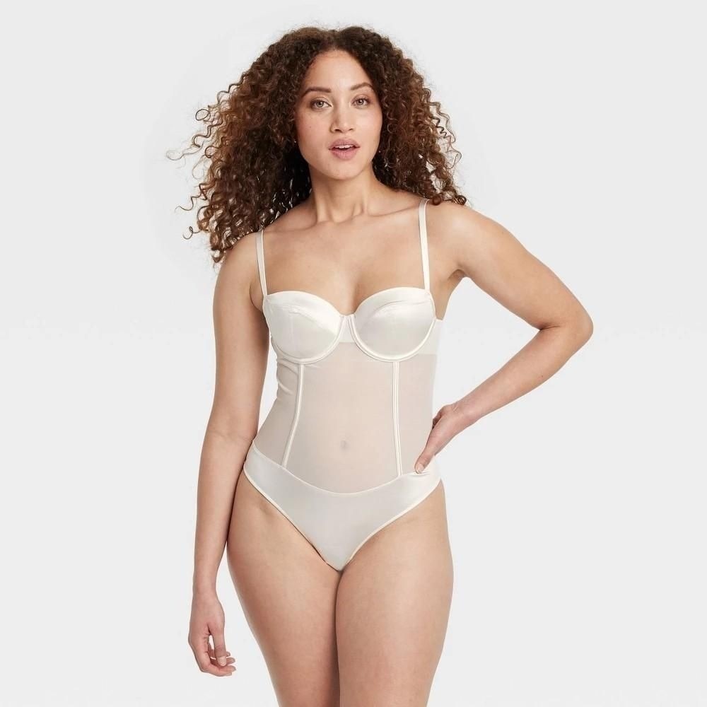 Women's Satin‎ and Mesh Lightly Lined Lingerie Bodysuit - Auden™ Cream L